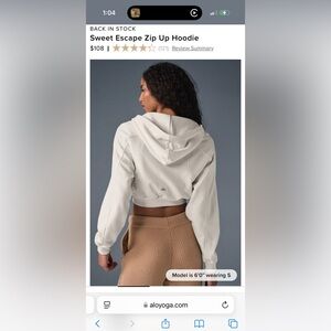 Alo Yoga Sweet Escape Zip Up Hoodie in Ivory Size Small